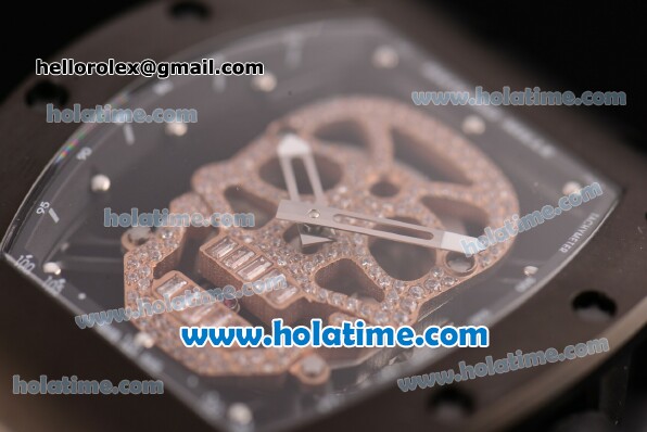 Richard Mille RM 52-01 Miyota 6T51 Automatic PVD Case with Diamonds Skull Dial and Black Rubber Bracelet - Click Image to Close